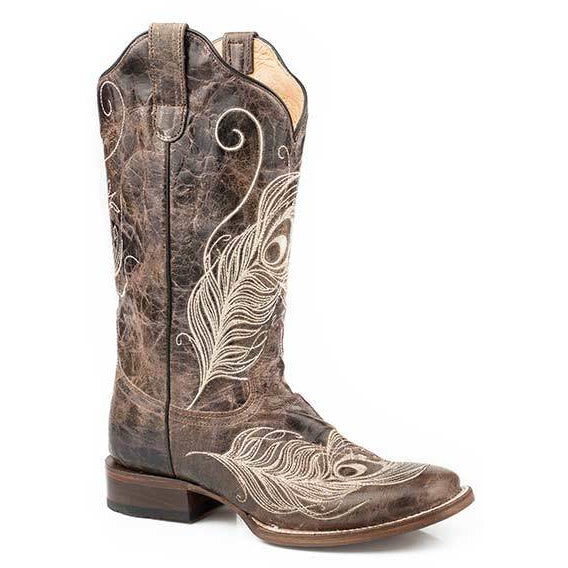Women’s Roper Feather Boots Handcrafted With Flextra Calf Brown - yeehawcowboy