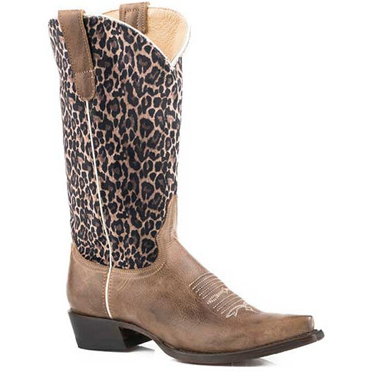 Women's Roper Cheetah Leather Boots Handcrafted with Flextra Calf Brown - yeehawcowboy
