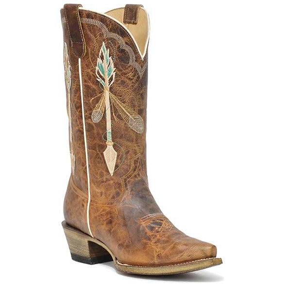 Women's Roper Arrow Feather Leather Boots Handcrafted with Flextra Calf Brown - yeehawcowboy