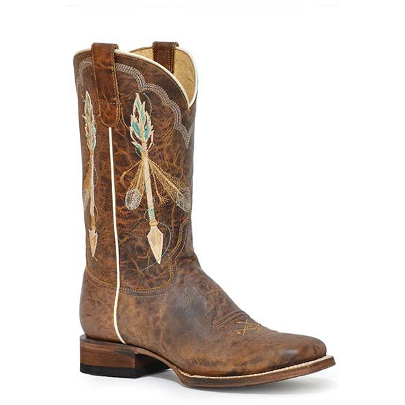 Women's Roper Arrow Feather Hybrid Sole Leather Boots Handcrafted Brown - yeehawcowboy