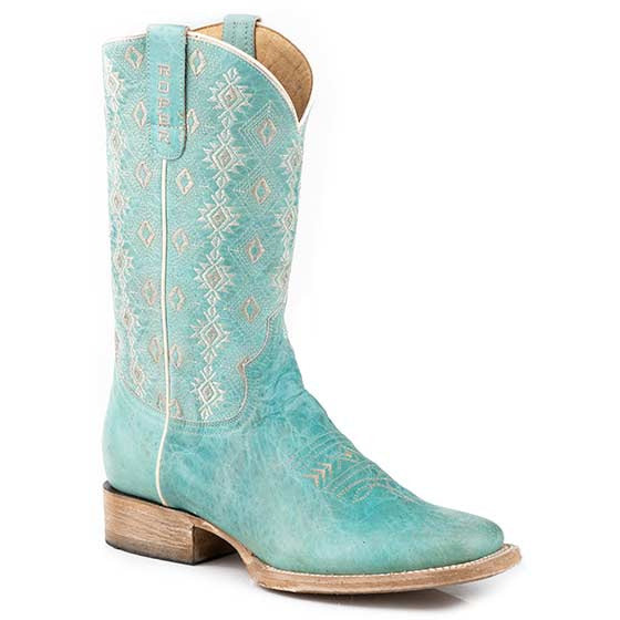Women's Roper Anika Hybrid Sole Leather Boots Handcrafted Light Blue - yeehawcowboy