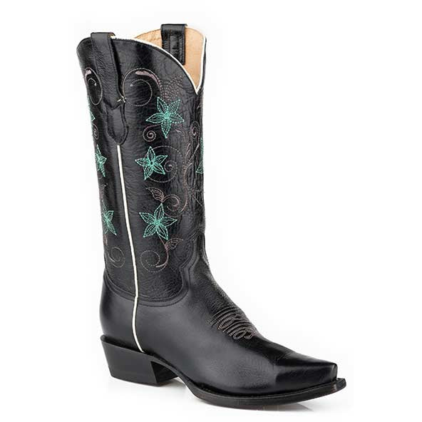 Women's Roper Floralina Leather Boots Handcrafted Black - yeehawcowboy