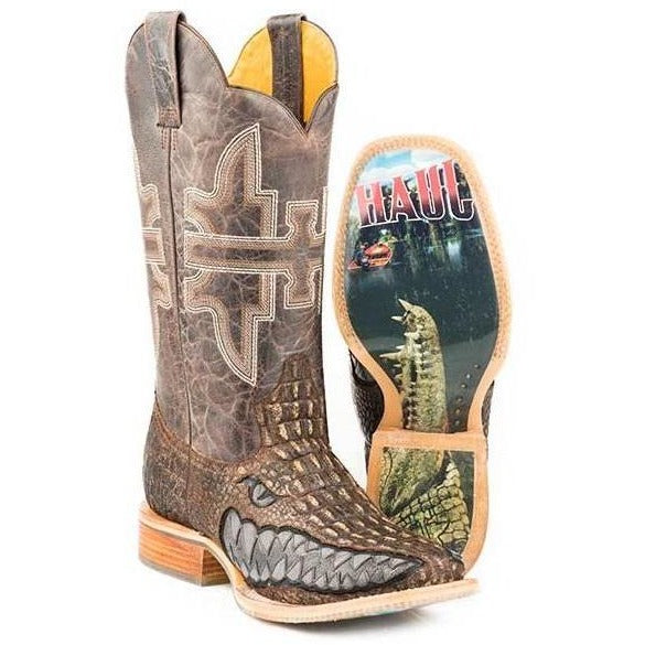 Men's Tin Haul Swamp Chomp Boots With Gator Sole Handmade Brown - yeehawcowboy