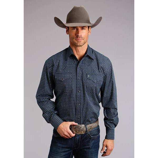 Men's Stetson Shirt Snap 2 Pocket Print Floral Dot - Blue - yeehawcowboy