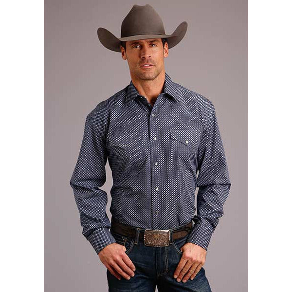Men's Stetson Shirt Snap 2 Pocket Print Diamond Mini - Blue - yeehawcowboy