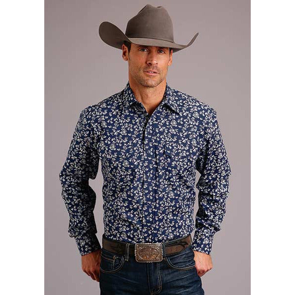 Men's Stetson Shirt Snap 2 Pocket Print Frontier Floral - Blue - yeehawcowboy