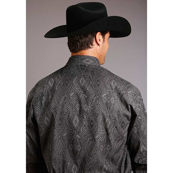 Men's Stetson Shirt Snap 2 Pocket Print Grey Stitch Aztec - Grey - yeehawcowboy