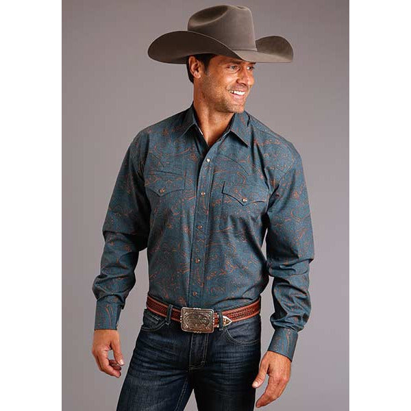 Men's Stetson Shirt Snap 2 Pocket Print Steel Paisley - Blue - yeehawcowboy