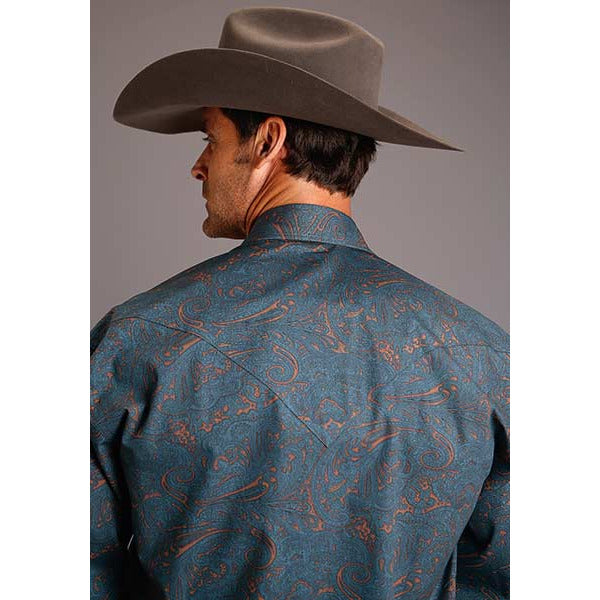 Men's Stetson Shirt Snap 2 Pocket Print Steel Paisley - Blue - yeehawcowboy