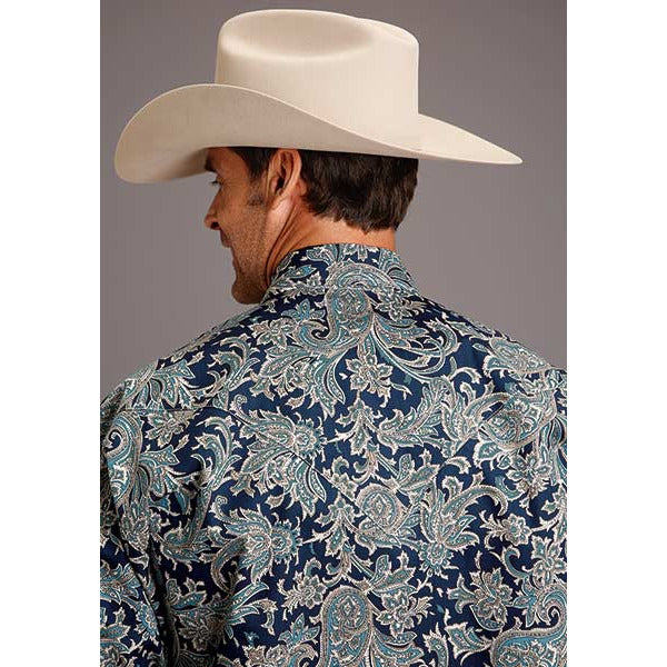 Men's Stetson Shirt Snap 2 Pocket Print Deep Marine Paisley - Blue - yeehawcowboy