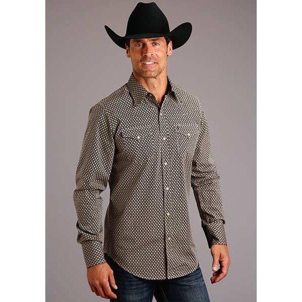 Men's Stetson Shirt Snap 2 Pocket Print Diamond Geo - Brown - yeehawcowboy