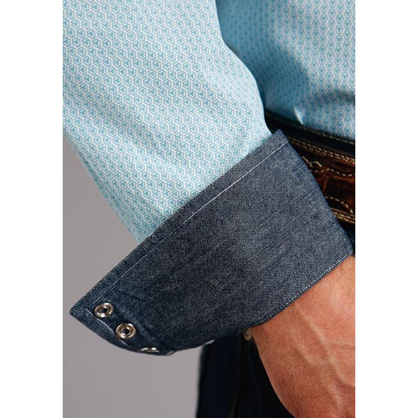 Men's Stetson Shirt Snap 2 Pocket Print Deco Geo - Blue - yeehawcowboy