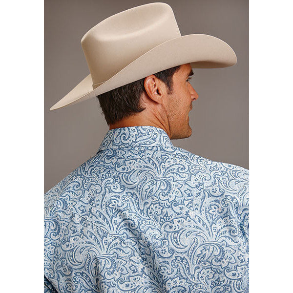 Men's Stetson Shirt Snap 2 Pocket Print Blue Tooling Paisley - yeehawcowboy