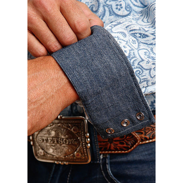 Men's Stetson Shirt Snap 2 Pocket Print Blue Tooling Paisley - yeehawcowboy