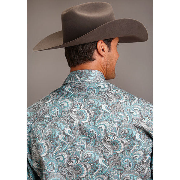 Men's Stetson Shirt Snap 2 Pocket Print Silver Sage Paisley - yeehawcowboy