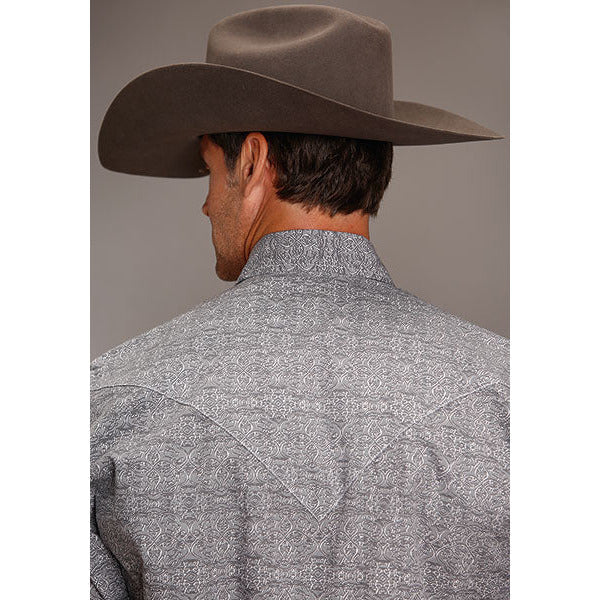 Men's Stetson Shirt Snap 2 Pocket Print Shadow Medallion Gray - yeehawcowboy