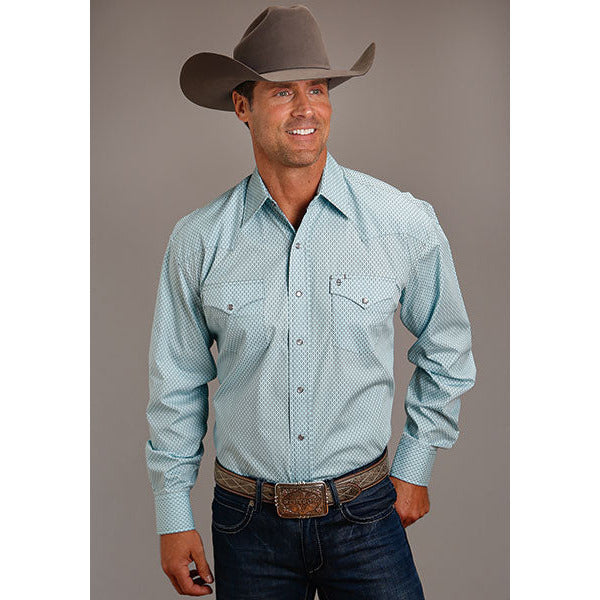 Men's Stetson Shirt Stetson Snap 2 Pocket Print Silver Diamond Neat - Blue - yeehawcowboy