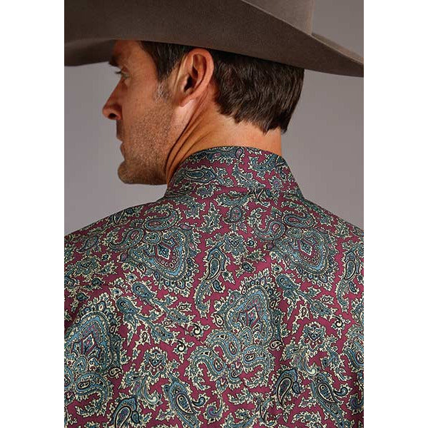 Men's Stetson Shirt Snap 2 Pocket Print Merlot Paisley - Wine - yeehawcowboy
