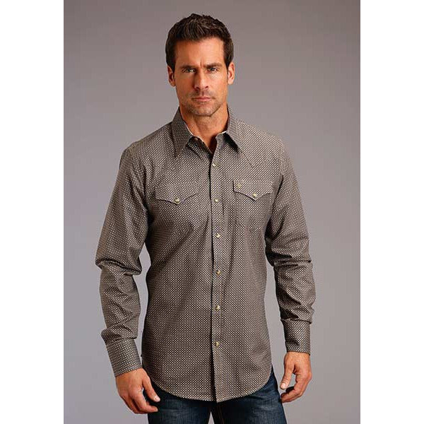Men's Stetson Shirt Snap 2 Pocket Print Walnut Foulard - Grey - yeehawcowboy