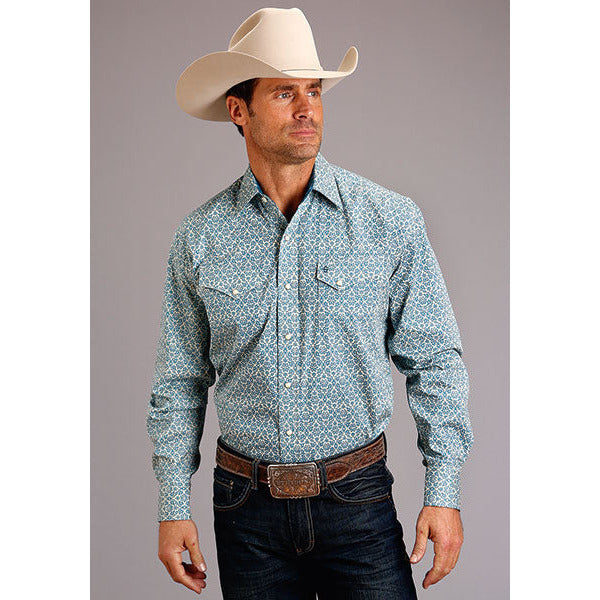 Men's Stetson Shirt Snap 2 Pocket Print Vintage Pattern - Blue - yeehawcowboy