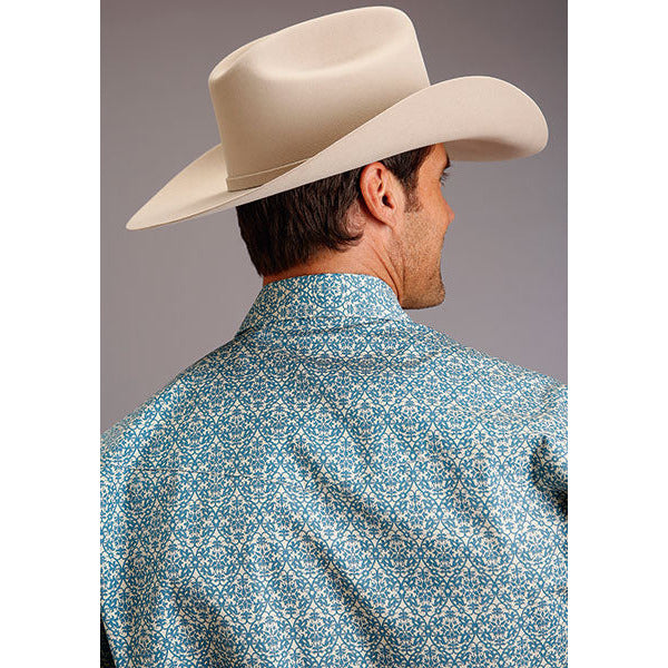 Men's Stetson Shirt Snap 2 Pocket Print Vintage Pattern - Blue - yeehawcowboy