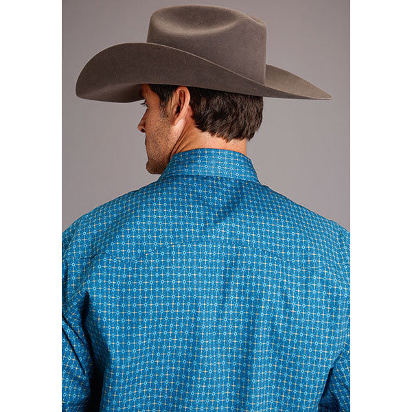 Men's Stetson Shirt Snap 2 Pocket Print Teal Geo - Blue - yeehawcowboy