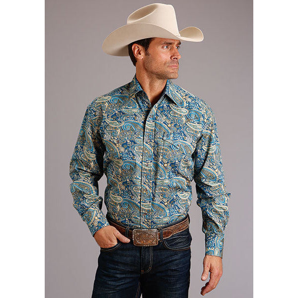 Men's Stetson Shirt Snap 2 Pocket Print Fall Paisley - Blue - yeehawcowboy