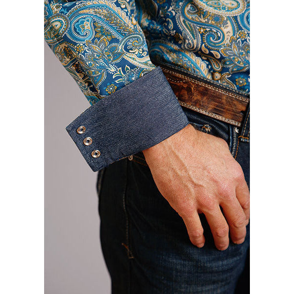 Men's Stetson Shirt Snap 2 Pocket Print Fall Paisley - Blue - yeehawcowboy