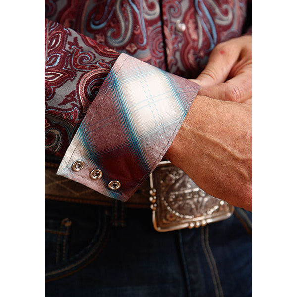 Men's Stetson Shirt Snap 2 Pocket Print Sandstone Paisley - Wine - yeehawcowboy