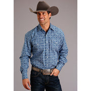 Men's Stetson Shirt Snap 2 Pocket Print Baroque Pattern - Blue - yeehawcowboy