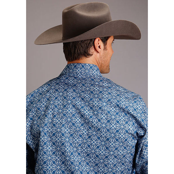 Men's Stetson Shirt Snap 2 Pocket Print Baroque Pattern - Blue - yeehawcowboy