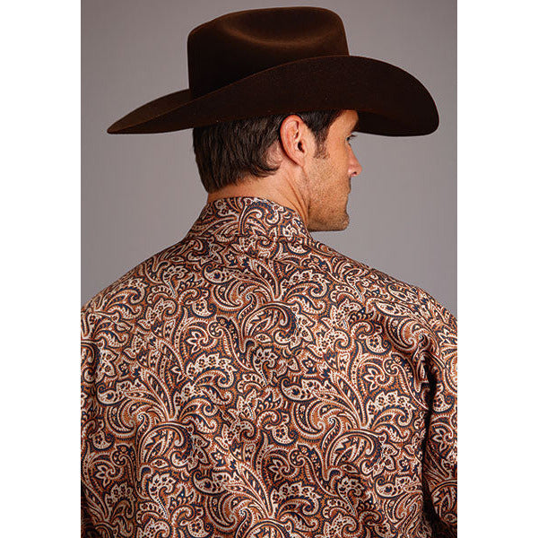 Men's Stetson Shirt Snap 2 Pocket Print Leather Paisely - Brown - yeehawcowboy