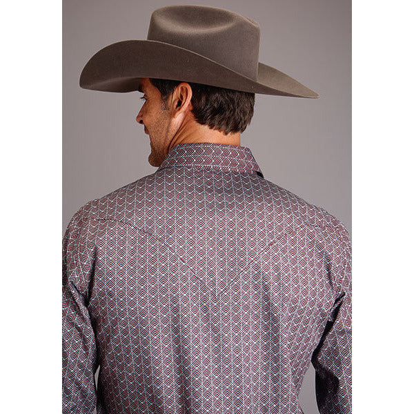 Men's Stetson Shirt Snap 2 Pocket Print Cheveron Grid - Brown - yeehawcowboy