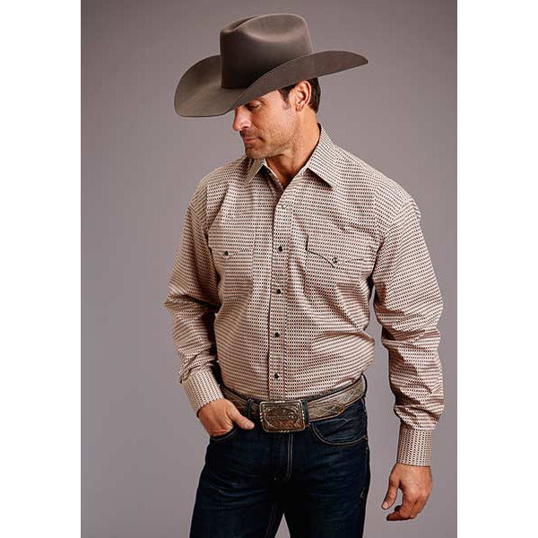 Men's Stetson Shirt Snap 2 Pocket Print Cross Geo - Rust - yeehawcowboy