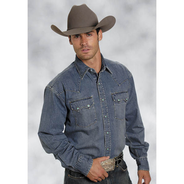 Men's Stetson Shirt Snap 2 Pocket Solid Denim With deep Curved Frt Yks - yeehawcowboy