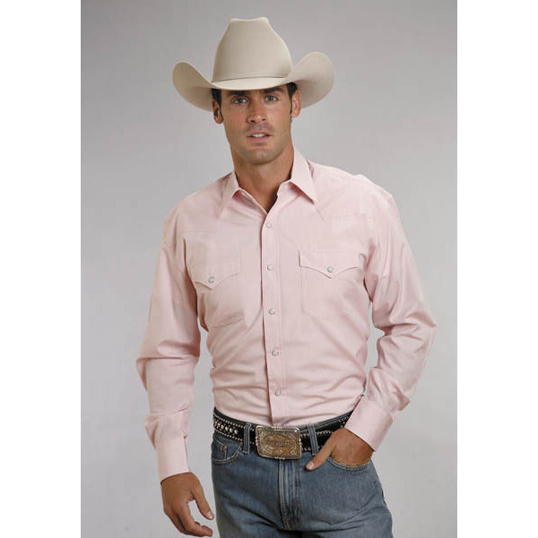 Men's Stetson Shirt Snap 2 Pocket Solid End On End - Pink - yeehawcowboy