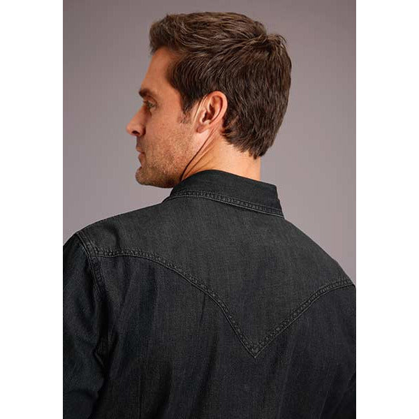 Men's Stetson Shirt Snap 2 Pocket Solid Black Denim - Black - yeehawcowboy