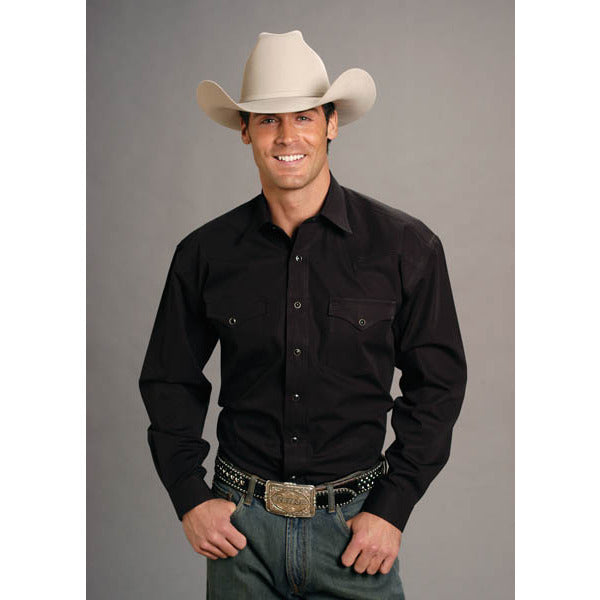 Men's Stetson Shirt Snap 2 Pocket Solid Black Solid Poplin - yeehawcowboy