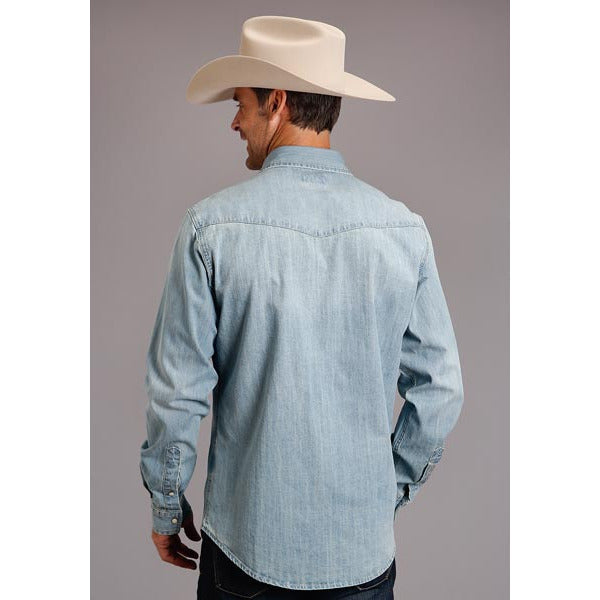 Men's Stetson Shirt Snap 2 Pocket Solid Blue Denim Snap Front - yeehawcowboy