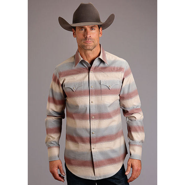 Men's Stetson Shirt Snap 2 Pocket Pocket Stripe Ombre Twill - Wine - yeehawcowboy
