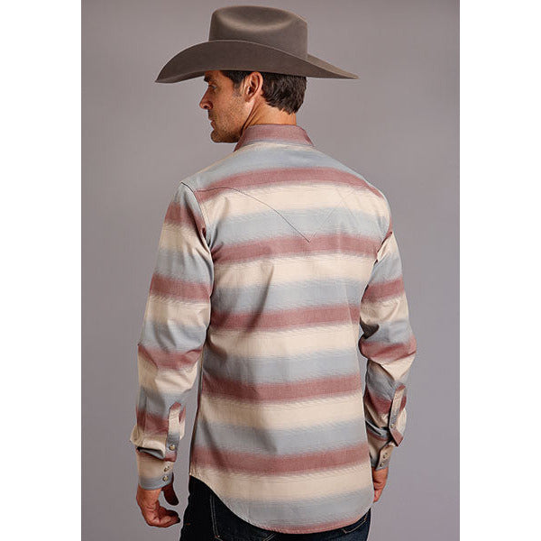 Men's Stetson Shirt Snap 2 Pocket Pocket Stripe Ombre Twill - Wine - yeehawcowboy