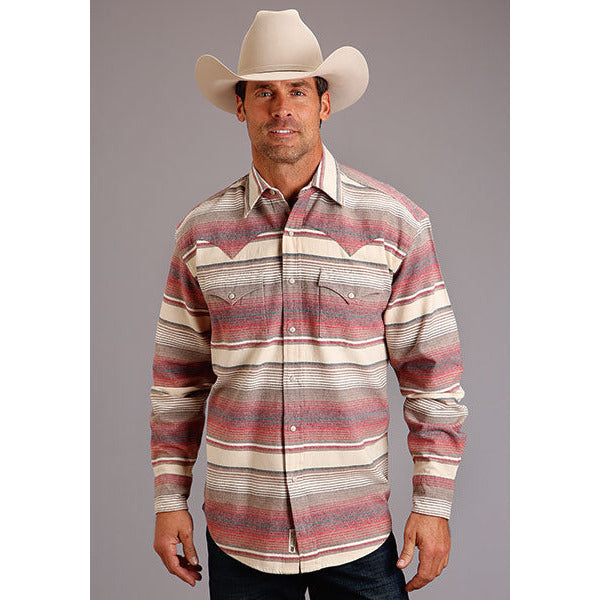 Men's Stetson Shirt Snap 2 Pocket Pocket Stripe Brushed Twill - Red - yeehawcowboy