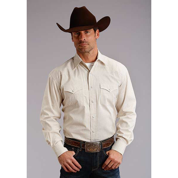 Men's Stetson Shirt Two Stripe Check Gold - yeehawcowboy
