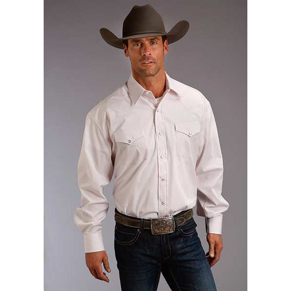 Men's Stetson Shirt Snap 2 Pocket Plaid Two Stripe Check - Pink - yeehawcowboy