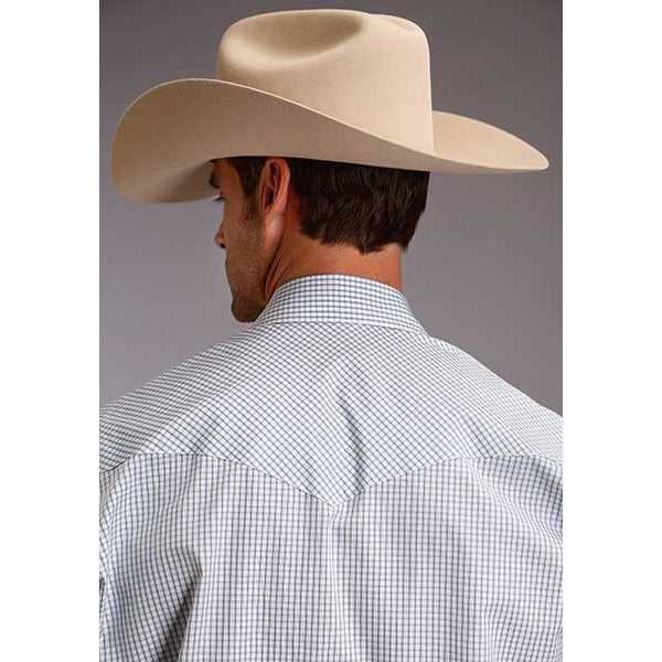 Men's Stetson Shirt Snap 2 Pocket Plaid Two Stripe Check - Light Blue - yeehawcowboy
