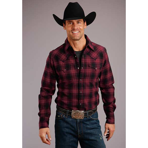 Men's Stetson Shirt Snap 2 Pocket Plaid Check Mate Brushed Twill - Black - yeehawcowboy