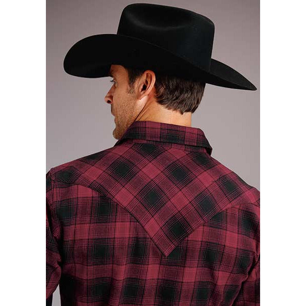 Men's Stetson Shirt Snap 2 Pocket Plaid Check Mate Brushed Twill - Black - yeehawcowboy