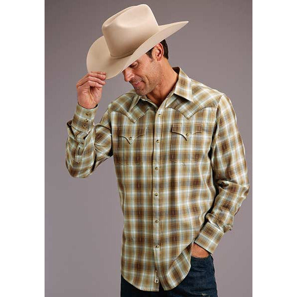 Men's Stetson Shirt Snap 2 Pocket Plaid Dobby Twill Plaid - Brown - yeehawcowboy