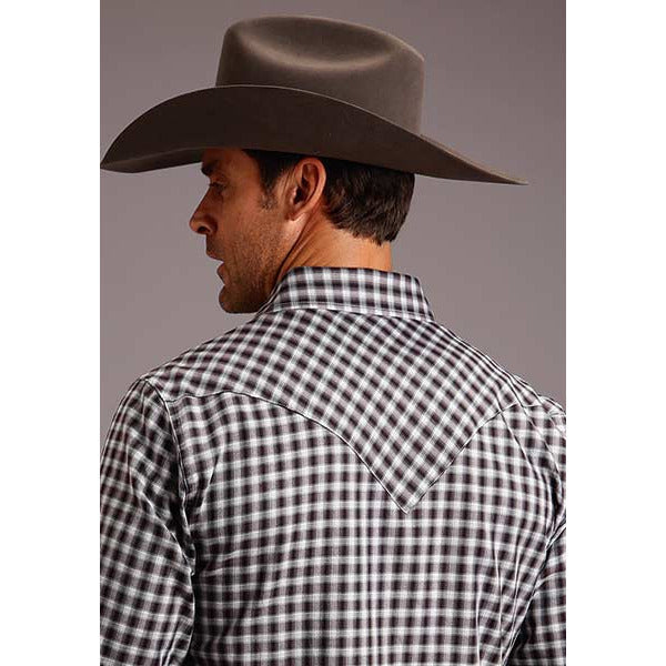 Men's Stetson Shirt Snap 2 Pocket Plaid Ombre Check Twill - Wine - yeehawcowboy