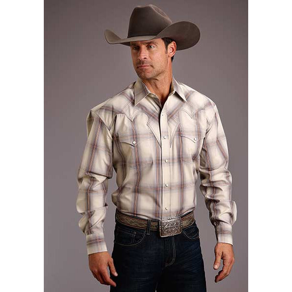 Men's Stetson Shirt Snap 2 Pocket Plaid Desert Valley Ombre - Grey - yeehawcowboy